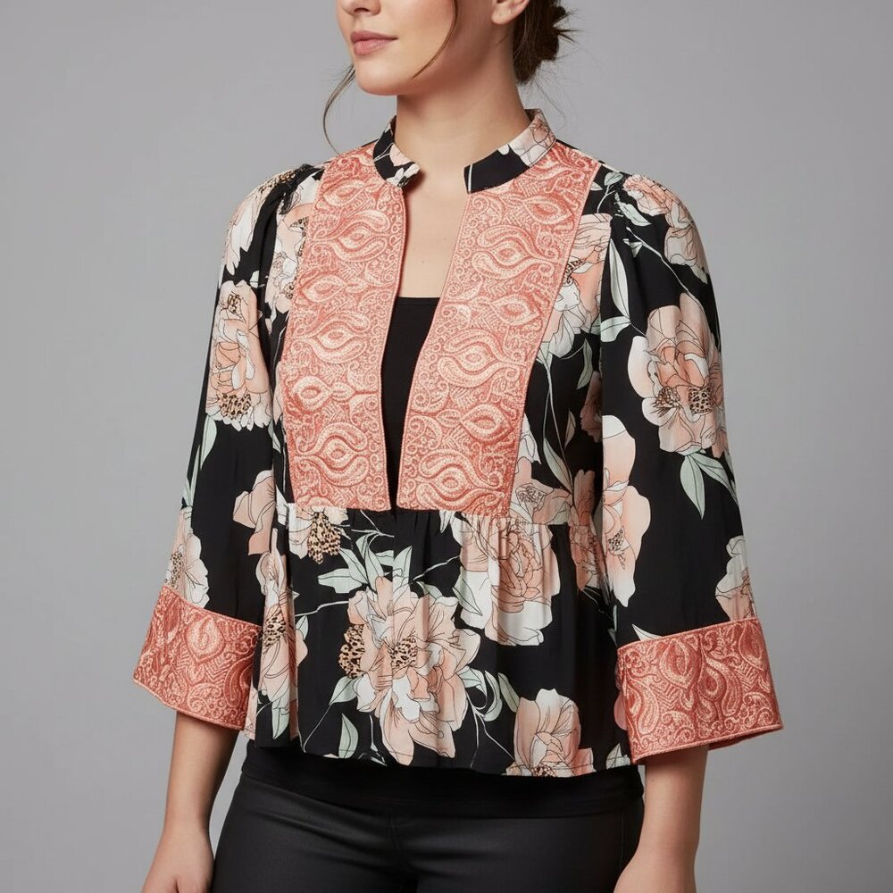 NWT Jaase XS Kimono Top Black Floral Embroidered Boho Cottage Coquette‎ Bloom